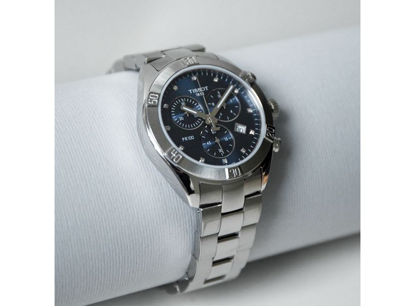  Shop Authentic Tissot PR 100 Sport Chic Chronograph Diamonds Blue Dial Silver Steel Strap Watch for Women - T101.917.11.046.00 - Luxxuri