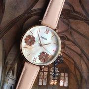  Shop Authentic Fossil Jacqueline Three Hand Mother of Pearl Dial Pink Leather Strap Watch for Women - ES4671 - Luxxuri