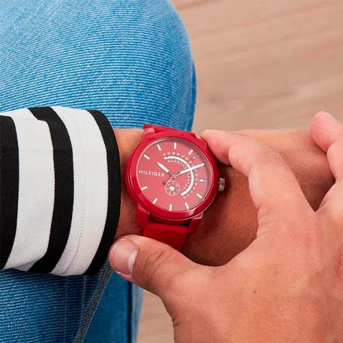  Shop Authentic Tommy Hilfiger Denim Quartz Red Dial Red Rubber Strap Watch for Men - 1791480 - Luxxuri