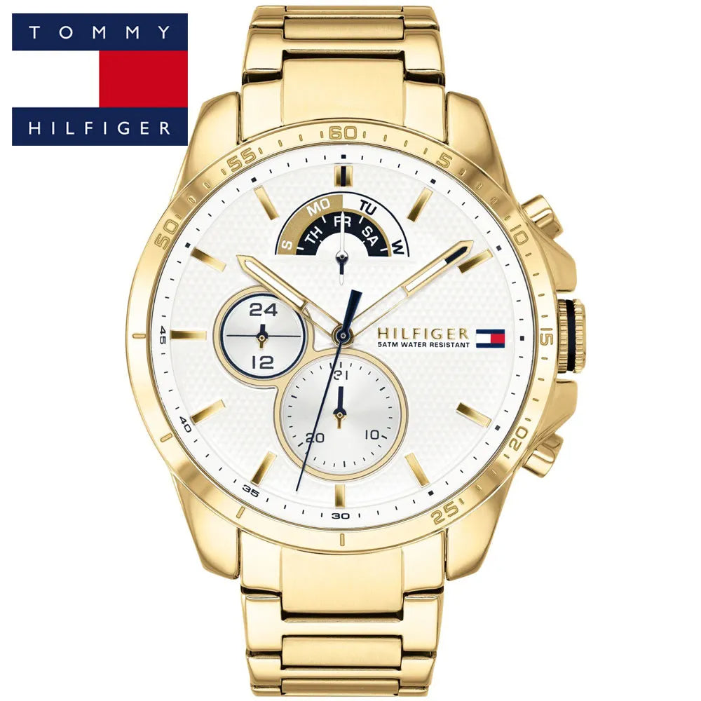  Shop Authentic Tommy Hilfiger Iconic Quartz White Dial Gold Steel Strap Watch for Men - 1791538 - Luxxuri