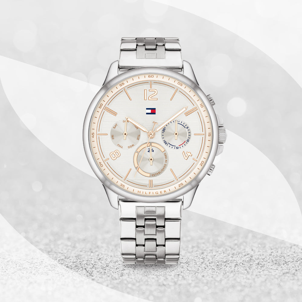  Shop Authentic Tommy Hilfiger Harper Chronograph White Dial Silver Steel Strap Watch For Women - 1782222 - Luxxuri