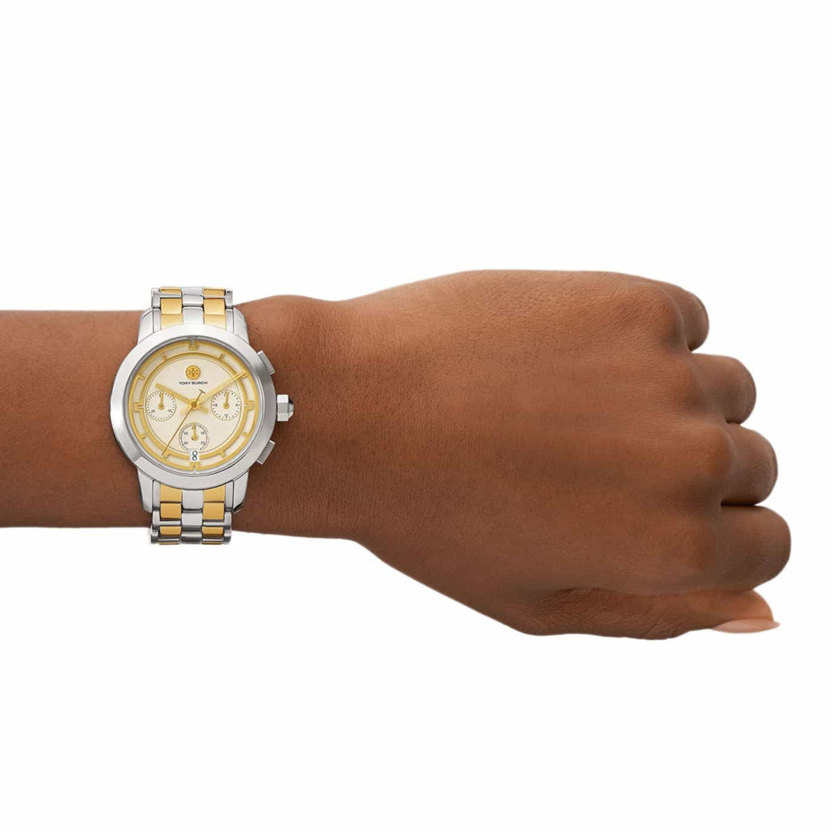Tory Burch The Tory Chronograph White Dial Two Tone Steel Strap Watch for Women - TBW1052