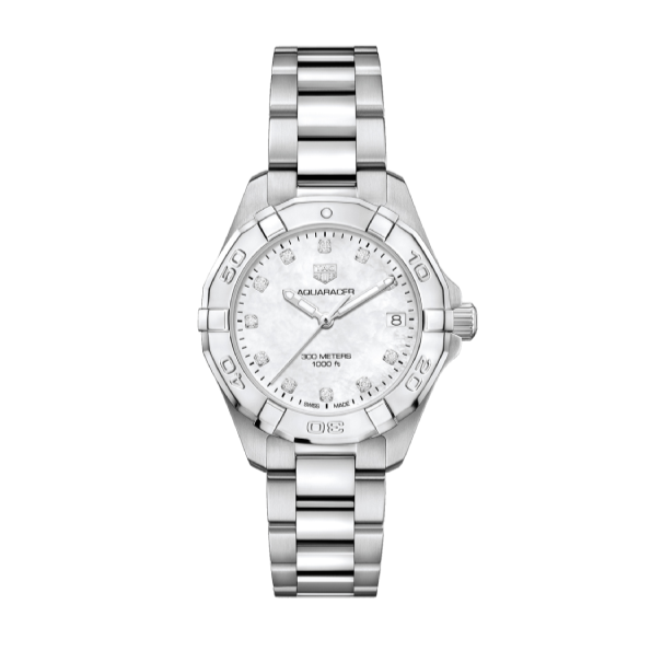  Shop Authentic Tag Heuer Aquaracer Diamonds White Mother of Pearl Dial Silver Steel Strap Watch for Women - WBD1314.BA0740 - Luxxuri