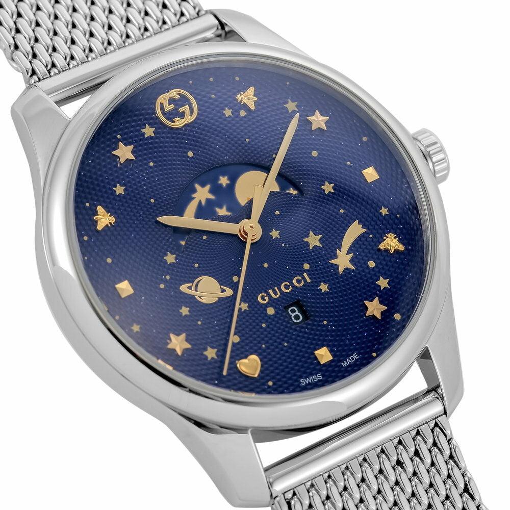  Shop Authentic Gucci G-Timeless Motifs Moon Phase Blue Dial Silver Mesh Bracelet Watch For Men - YA126328 - Luxxuri