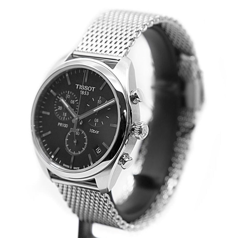  Shop Authentic Tissot PR 100 Chronograph Black Dial Silver Mesh Bracelet Watch For Men - T101.417.11.051.01 - Luxxuri