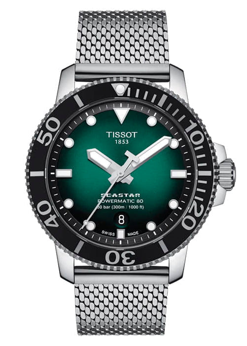Tissot Seastar 1000 Powermatic 80 Automatic Green Dial Silver Mesh Strap Watch for Men - T120.407.11.091.00