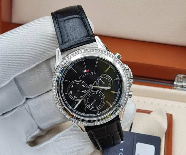  Shop Authentic Tommy Hilfiger Ari Diamonds Black Dial Black Leather Strap Watch for Women - 1781981 - Luxxuri