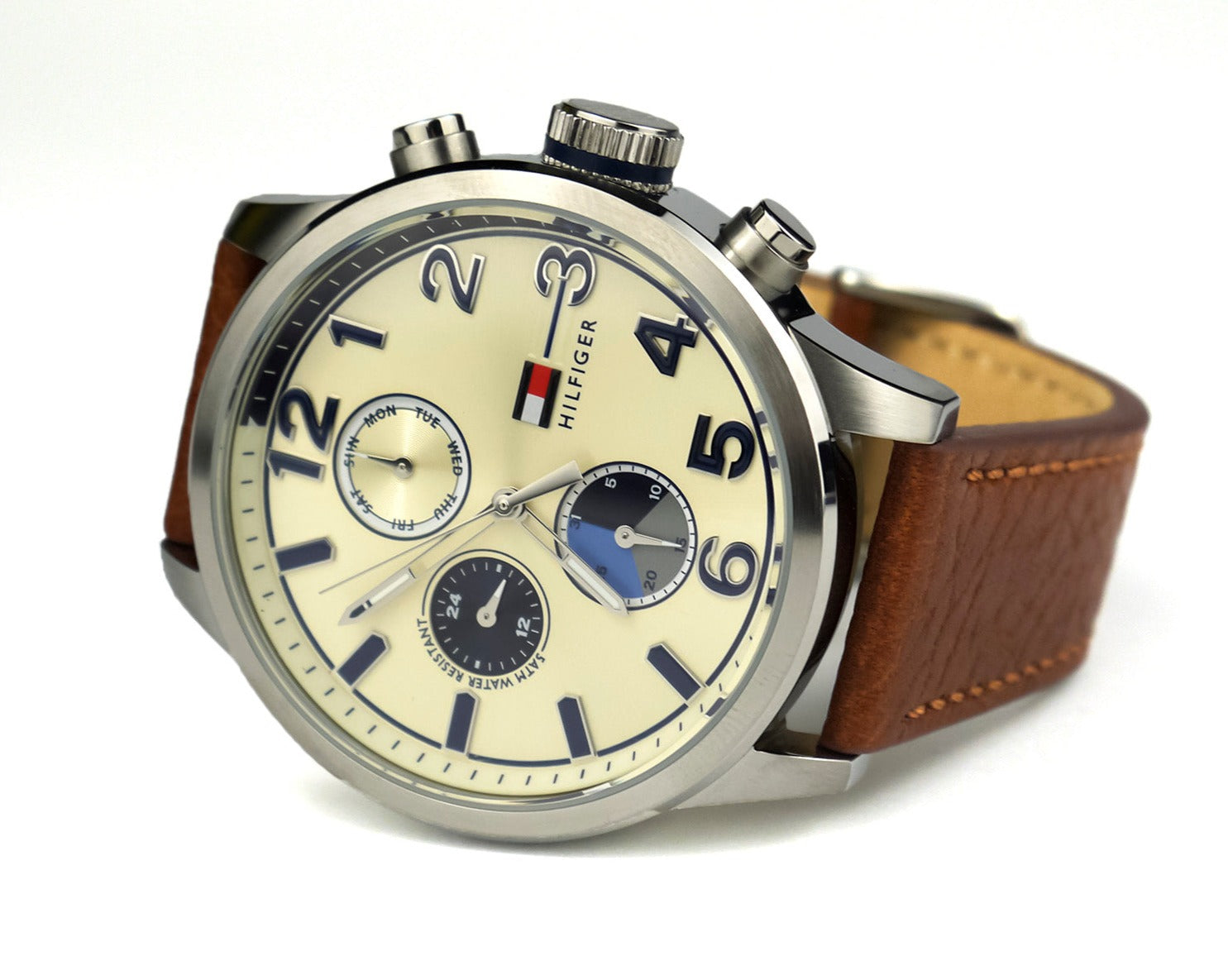  Shop Authentic Tommy Hilfiger Jackson Multi-Function Silver Dial Brown Leather Strap Watch for Men - 1791239 - Luxxuri