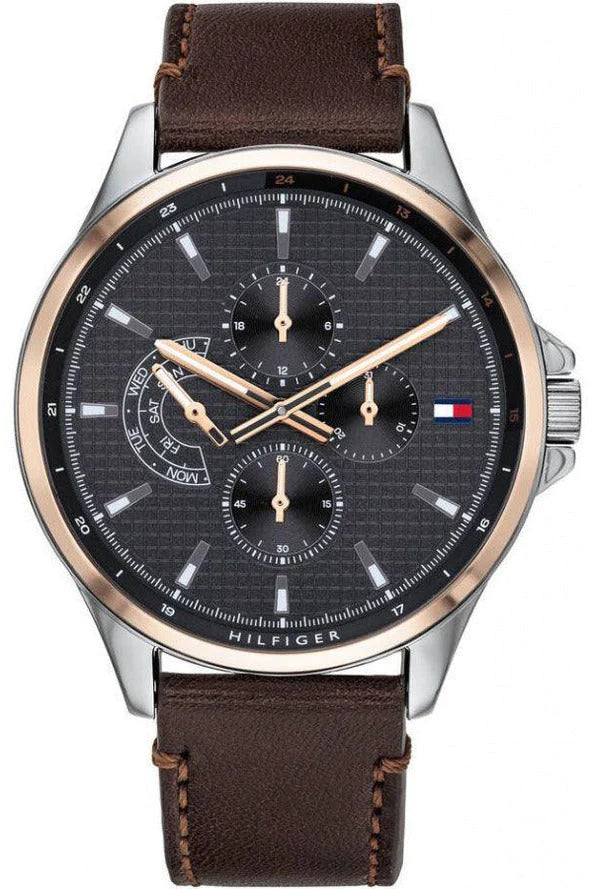  Shop Authentic Tommy Hilfiger Shawn Multifunction Grey Dial Brown Leather Strap Watch for Men - 1791615 - Luxxuri