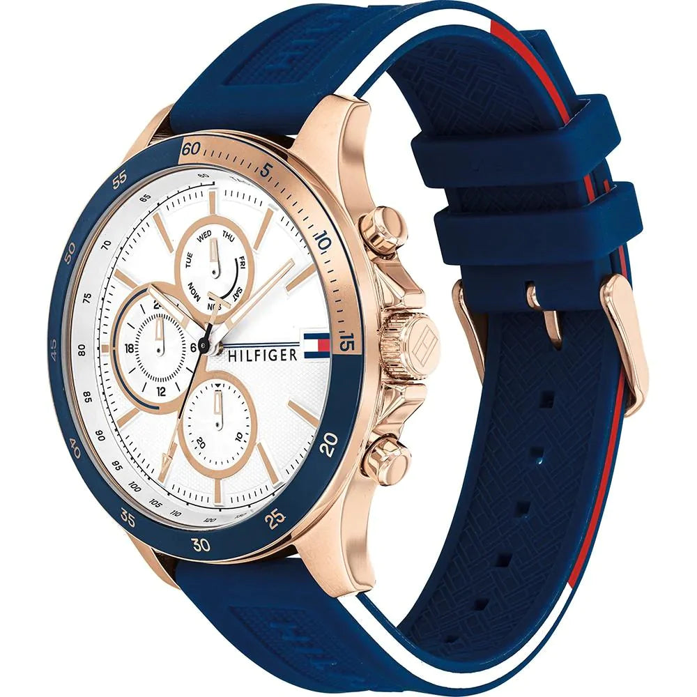  Shop Authentic Tommy Hilfiger Bank Multifunction Quartz White Dial Blue Rubber Strap Watch for Men - 1791778 - Luxxuri
