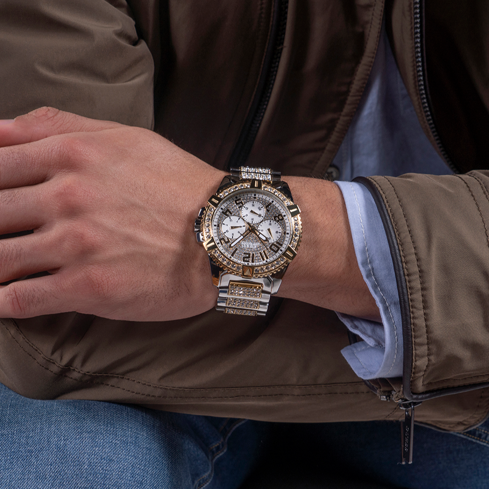  Shop Authentic Guess Frontier Chronograph Crystals Silver Dial Two Tone Steel Strap Watch for Men - W0799G4 - Luxxuri