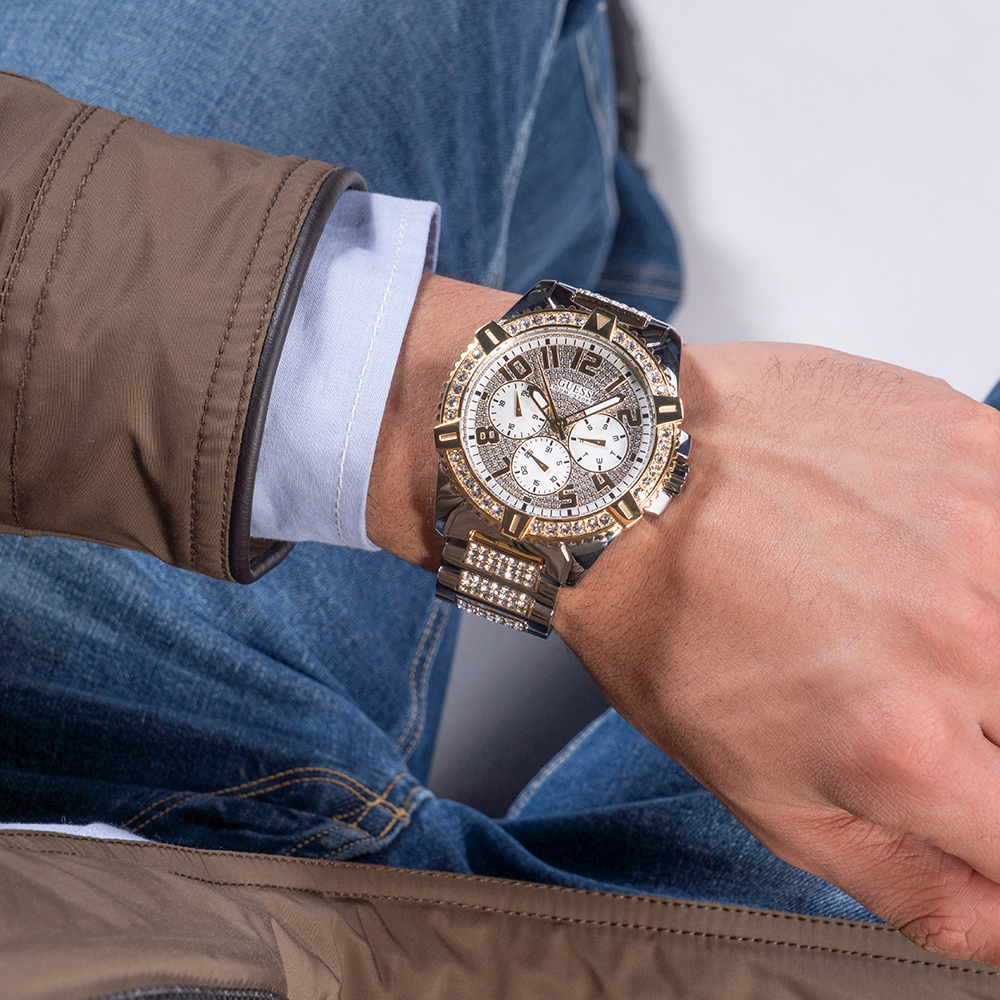  Shop Authentic Guess Frontier Chronograph Crystals Silver Dial Two Tone Steel Strap Watch for Men - W0799G4 - Luxxuri