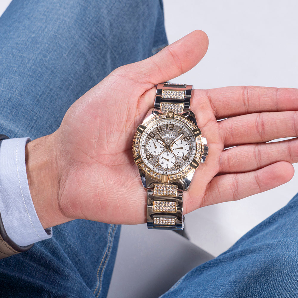  Shop Authentic Guess Frontier Chronograph Crystals Silver Dial Two Tone Steel Strap Watch for Men - W0799G4 - Luxxuri
