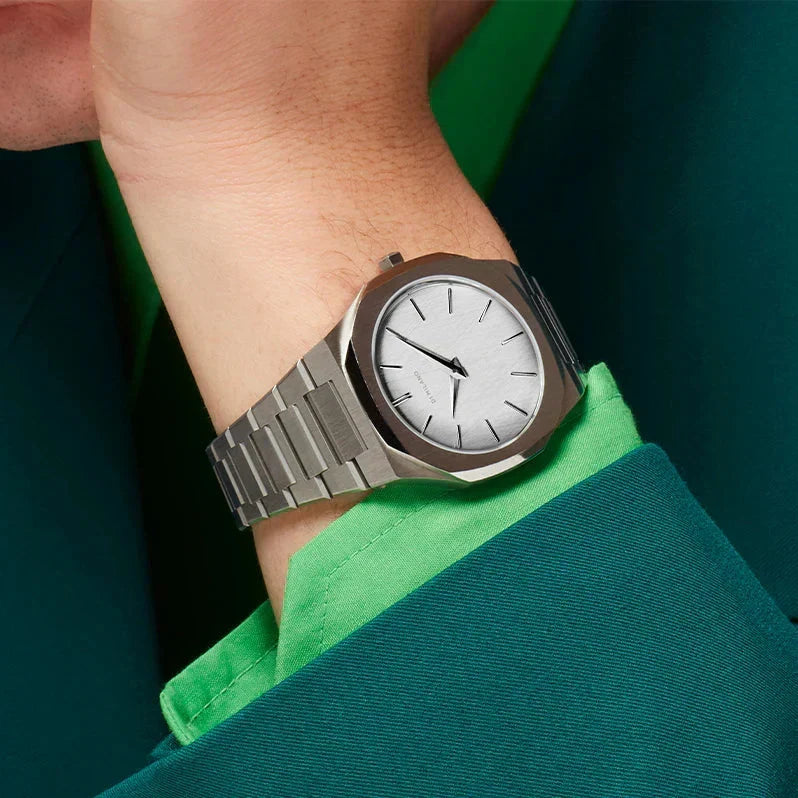 D1 Milano Ultra Thin Linen White Dial Silver Steel Strap Watch for Unisex - D1-UTBJ23