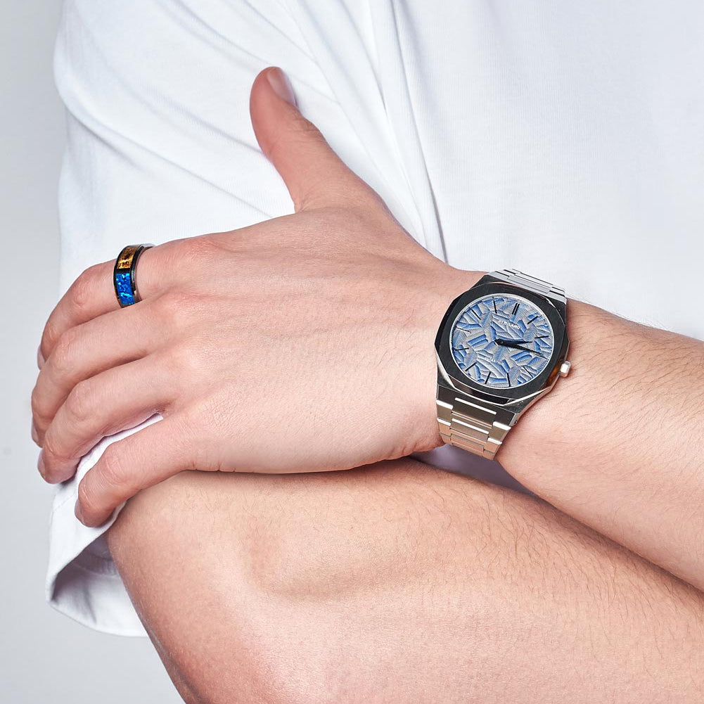D1 Milano Ultra Thin Olympic Blue Dial Silver Steel Strap Watch for Men - D1-UTBJ35