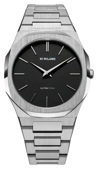 D1 Milano Ultra Thin Matte Black Dial Silver Steel Strap Watch for Men - D1-UTBJ40