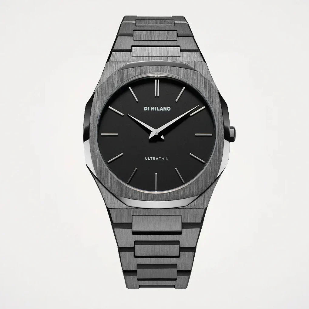 D1 Milano Ultra Thin Re-Gun Black Dial Gray Steel Strap Watch for Men - D1-UTBJ41