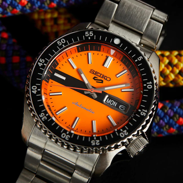  Shop Authentic Seiko 5 Sports Double Hurricane Retro Orange Dial Silver Steel Strap Watch For Men - SRPK11K1 - Luxxuri