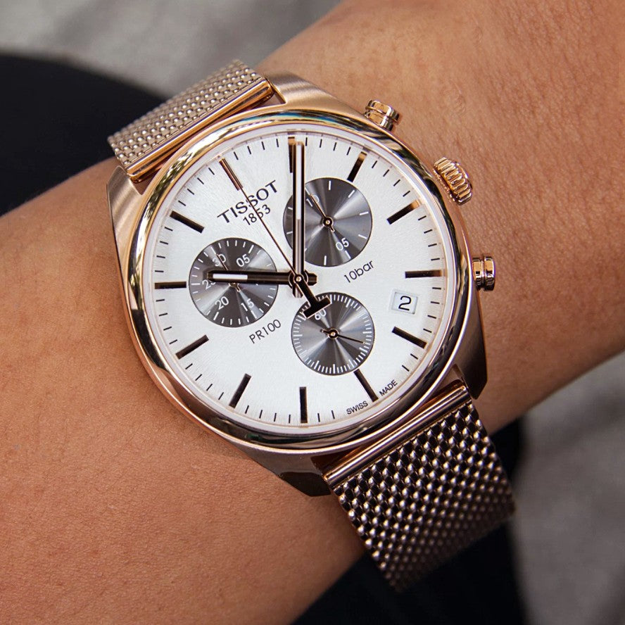  Shop Authentic Tissot T Classic PR 100 Chronograph Silver Dial Rose Gold Mesh Bracelet Watch For Men - T101.417.33.031.01 - Luxxuri