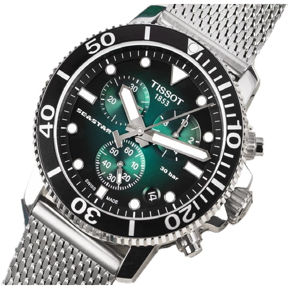  Shop Authentic Tissot Seastar 1000 Chronograph Green Dial Silver Mesh Bracelet Watch For Men - T120.417.11.091.00 - Luxxuri