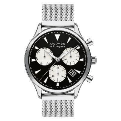 Shop Authentic Movado Heritage Calendoplan Chronograph Black Dial Silver Mesh Strap Watch for Men - 3650097 - Luxxuri