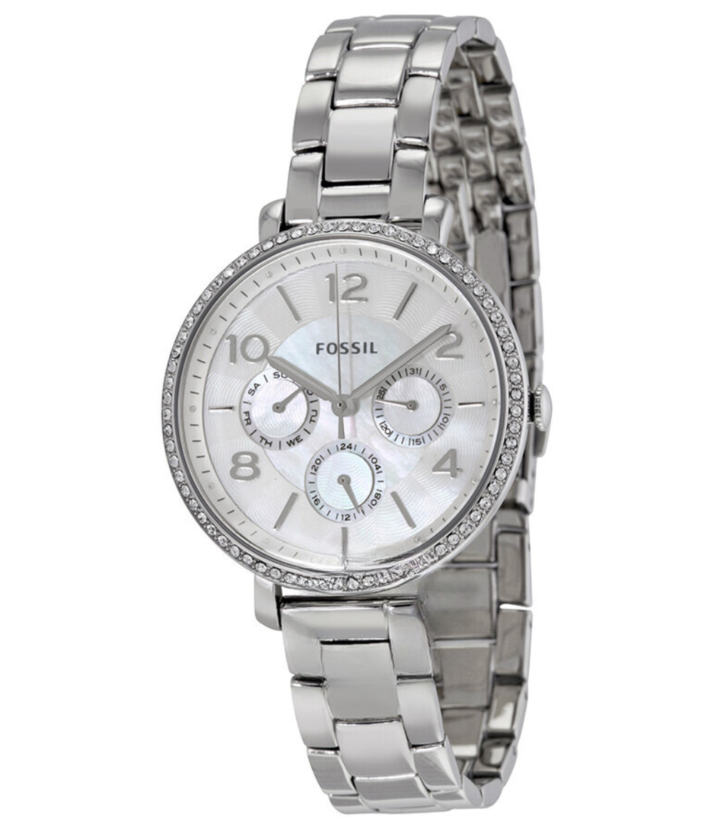  Shop Authentic Fossil Jacqueline Multi-Function Mother of Pearl Dial Silver Steel Strap Watch for Women - ES3755 - Luxxuri
