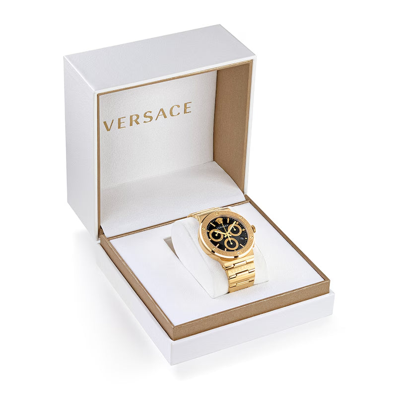  Shop Authentic Versace Greca Chronograph Black Dial Gold Steel Strap Watch For Men - VEZ900421 - Luxxuri