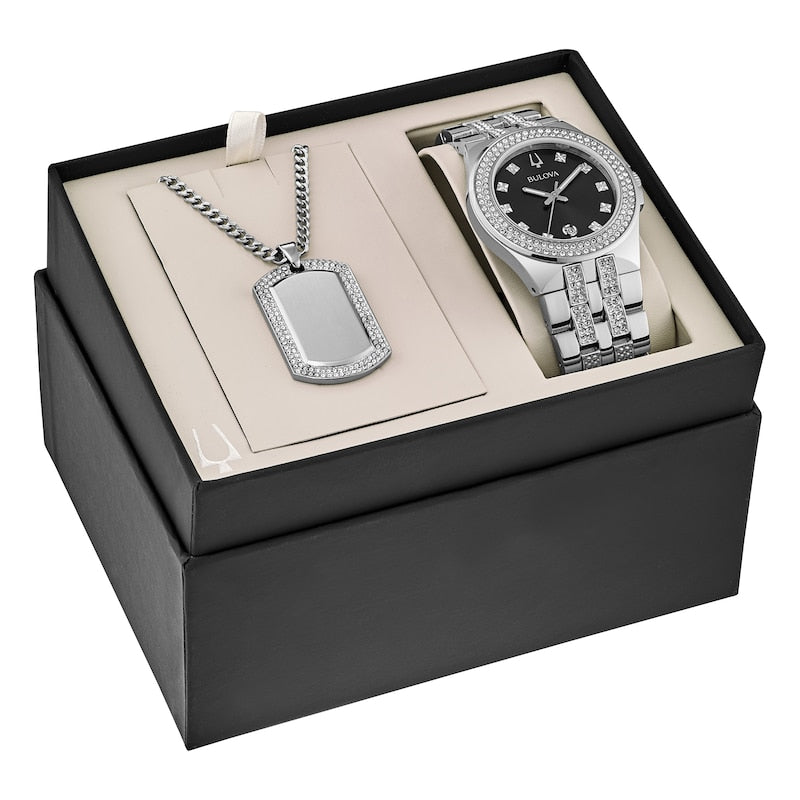  Shop Authentic Bulova Crystal Collection Black Dial Silver Steel Strap Watch for Men - 96K102 - Luxxuri