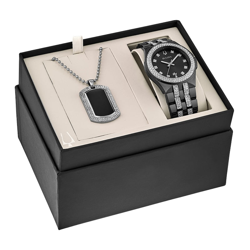  Shop Authentic Bulova Crystal Collection Black Dial Two Tone Steel Strap Watch for Men - 98K101 - Luxxuri