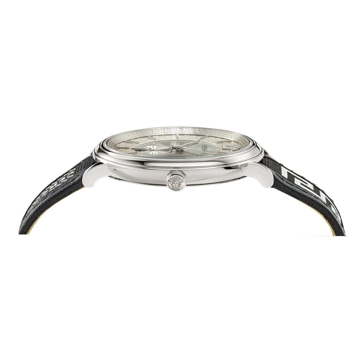  Shop Authentic Versace V-Circle Silver Dial Black Leather Strap Watch for Men - VEBQ01219 - Luxxuri