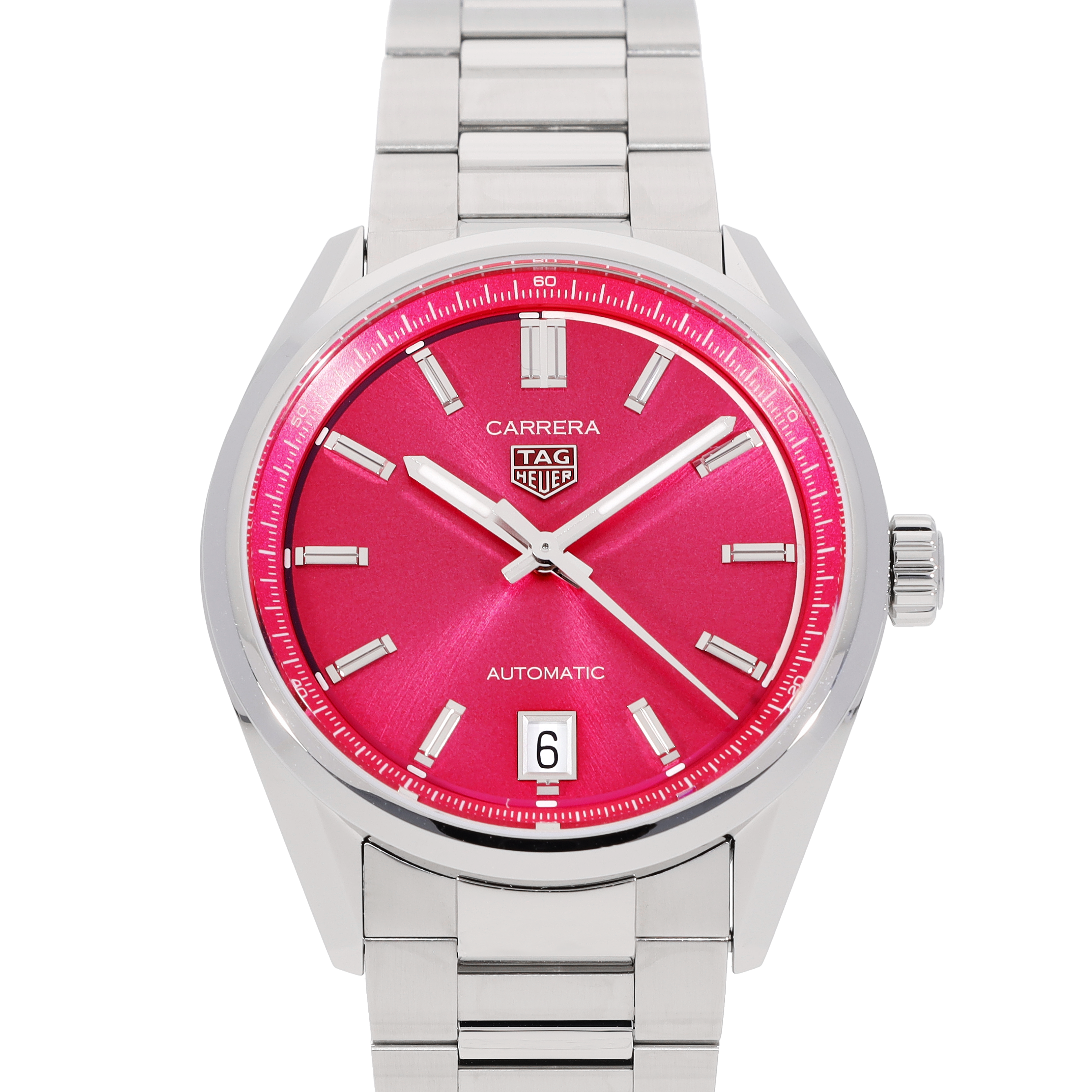  Shop Authentic Tag Heuer Carrera Date Automatic 18K Pink Dial Silver Steel Strap Watch for Women - WBN2313.BA0001 - Luxxuri