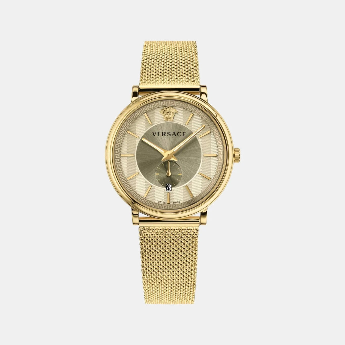 Shop Authentic Versace V Circle Quartz Gold Dial Gold Mesh Bracelet Watch For Men - VBQ070017 - Luxxuri
