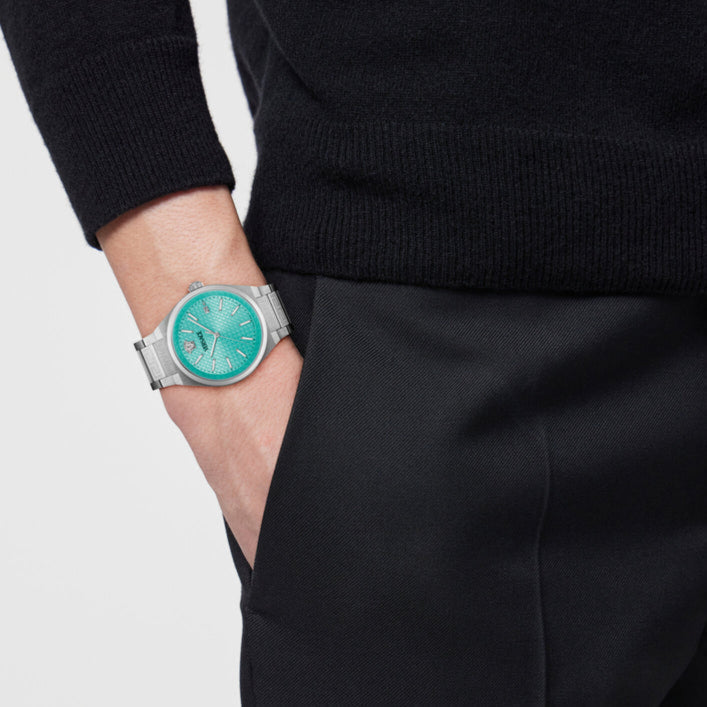  Shop Authentic Versace V-Auria Quartz Turquoise Dial Silver Steel Strap Watch for Women - VE0F00225 - Luxxuri