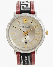  Shop Authentic Versace V Circle Silver Dial Two Tone Leather Strap Watch for Men - VEBQ01319 - Luxxuri