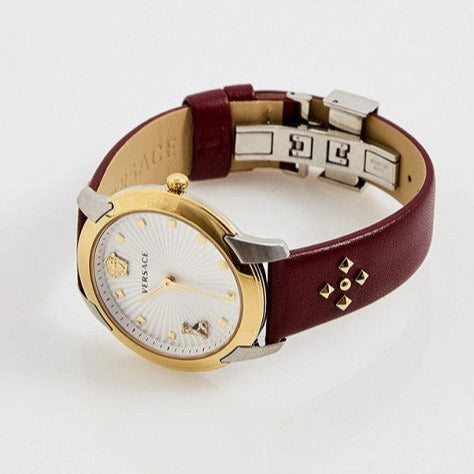  Shop Authentic Versace Audrey Quartz Silver Dial Red Leather Strap Watch for Women - VELR00219 - Luxxuri