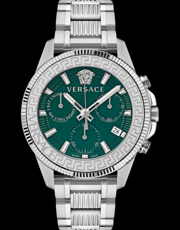  Shop Authentic Versace Greca Action Chronograph Quartz Green Dial Silver Steel Strap Watch for Men - VE3J00422 - Luxxuri