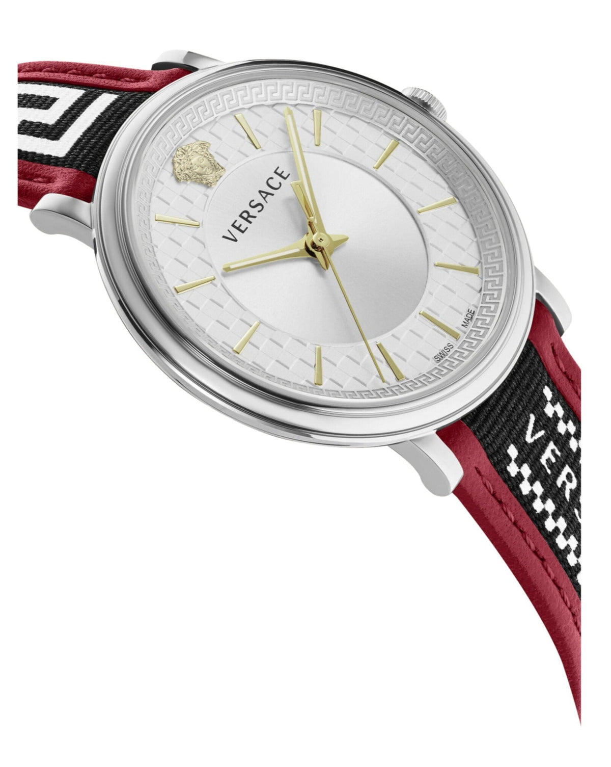  Shop Authentic Versace V Circle Silver Dial Two Tone Leather Strap Watch for Men - VEBQ01319 - Luxxuri