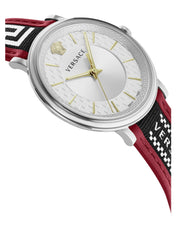  Shop Authentic Versace V Circle Silver Dial Two Tone Leather Strap Watch for Men - VEBQ01319 - Luxxuri