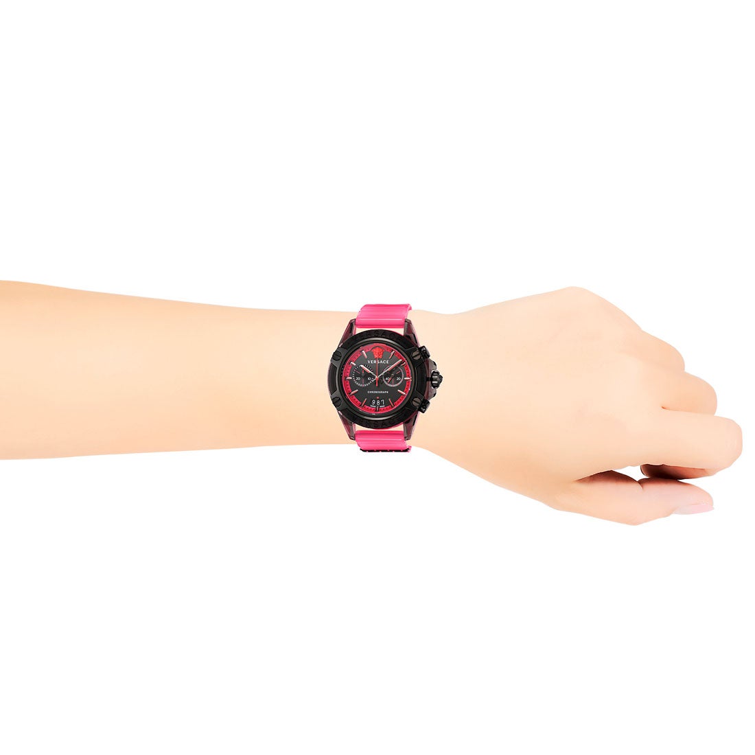  Shop Authentic Versace Icon Active Chronograph Quartz Black Dial Pink Rubber Strap Watch For Men - VEZ700221 - Luxxuri