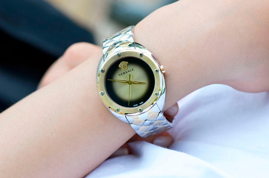  Shop Authentic Versace Shadov Quartz Gold Dial Two Tone Steel Strap Watch for Women - VEBM00518 - Luxxuri