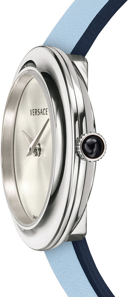 Shop Authentic Versace V Flare Silver Dial Blue Leather Strap Watch for Women - VEBN00118 - Luxxuri