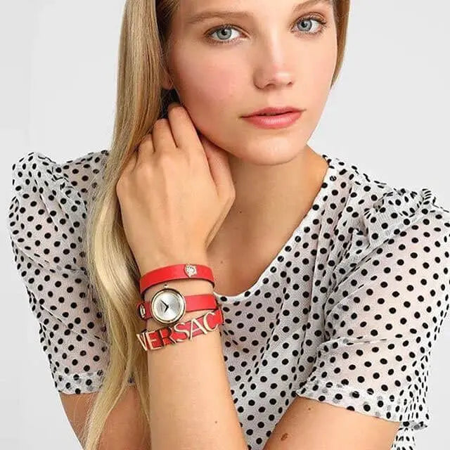  Shop Authentic Versace V-Flare Quartz Silver Dial Red Leather Strap Watch for Women - VEBN00418 - Luxxuri