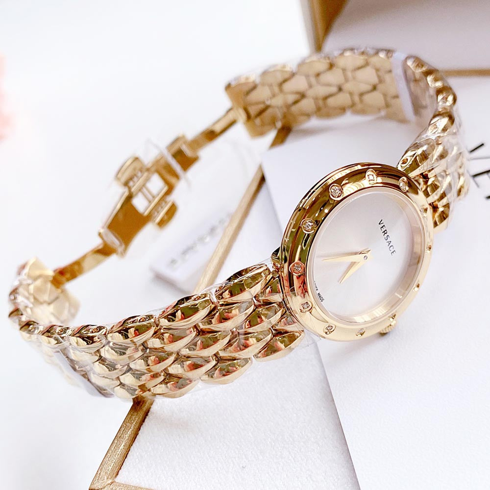  Shop Authentic Versace V-Flare Quartz Silver Dial Gold Steel Strap Watch for Women - VEBN00818 - Luxxuri