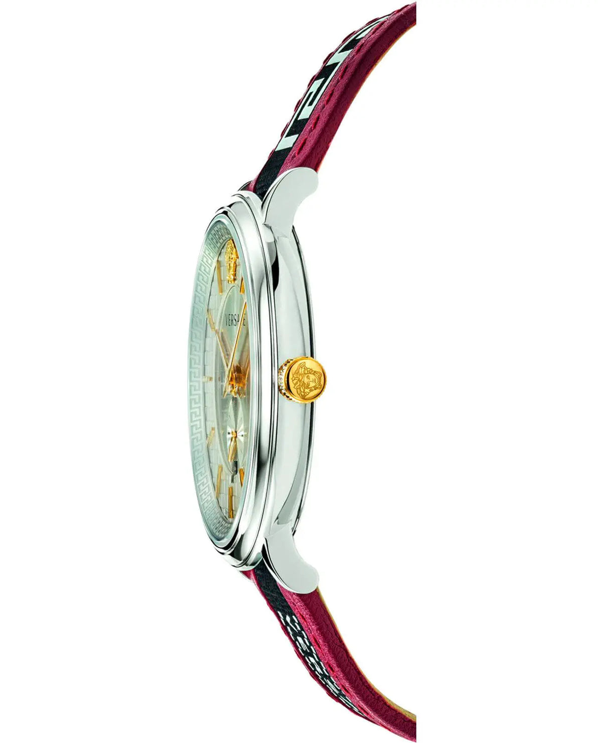  Shop Authentic Versace V Circle Silver Dial Two Tone Leather Strap Watch for Men - VEBQ01319 - Luxxuri