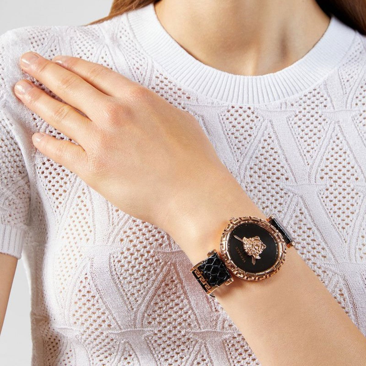  Shop Authentic Versace Palazzo Empire Greca Black Dial Black Leather Strap Watch for Women - VEDV00719 - Luxxuri