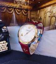  Shop Authentic Versace Audrey Quartz Silver Dial Red Leather Strap Watch for Women - VELR00219 - Luxxuri