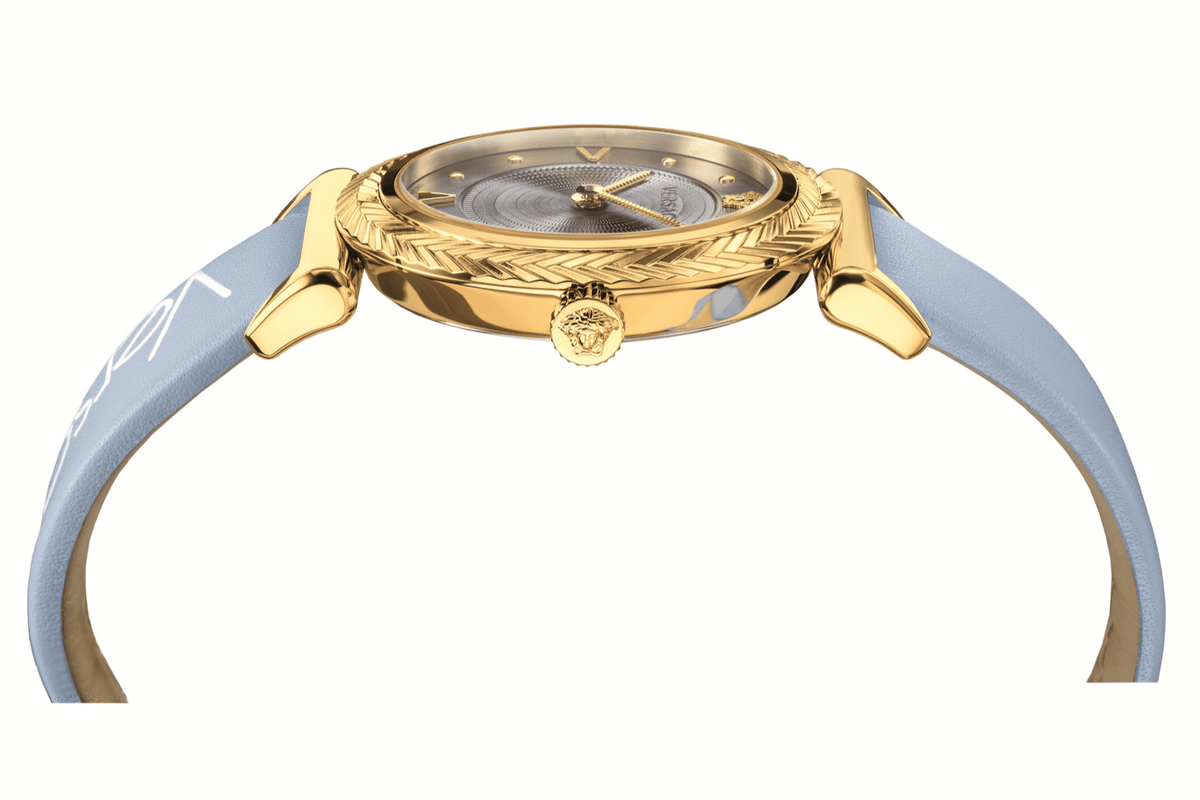 Shop Authentic Versace V-Motif Grey Dial Blue Leather Strap Watch for Women - VERE00318 - Luxxuri