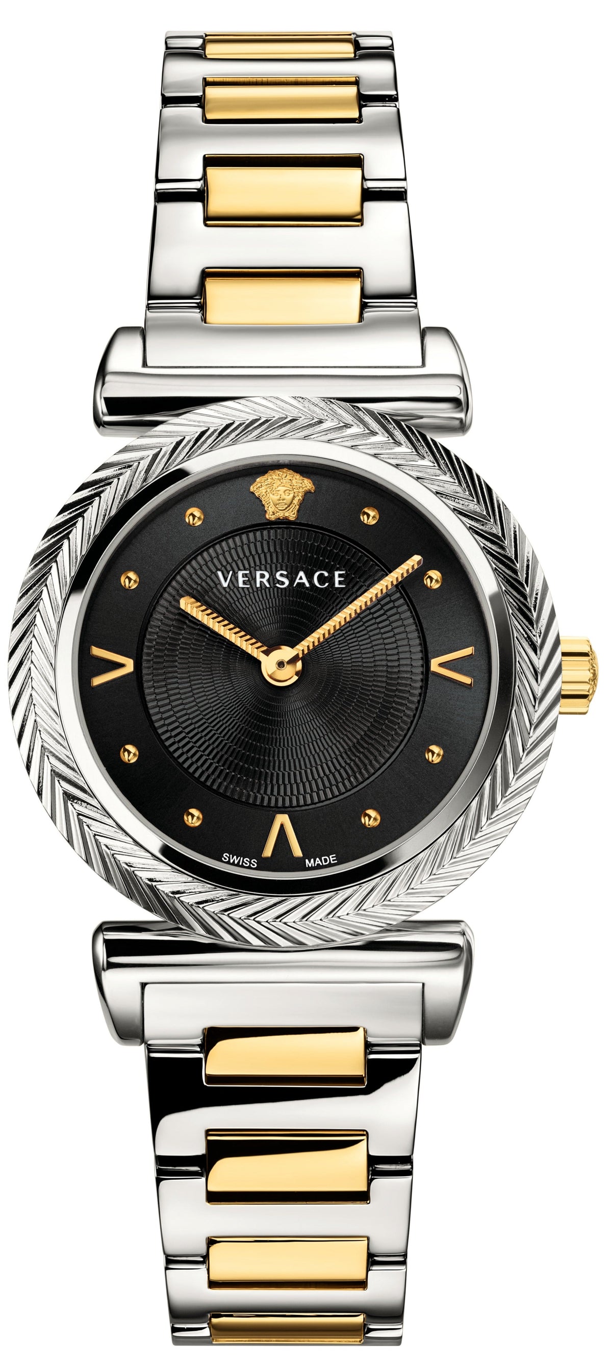  Shop Authentic Versace V-Motif Black Dial Two Tone Steel Strap Watch for Women - VERE00518 - Luxxuri
