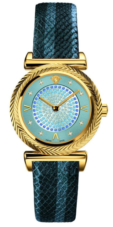  Shop Authentic Versace V-Motif Vintage Logo Diamonds Blue Dial Blue Leather Strap Watch for Women - VERE01018 - Luxxuri