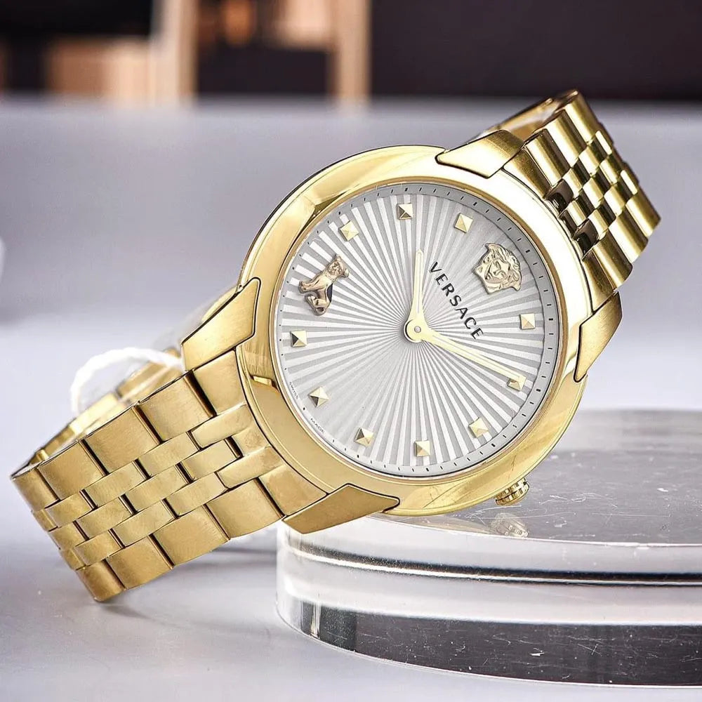  Shop Authentic Versace Audrey Quartz Grey Dial Gold Steel Strap Watch for Women - VELR00719 - Luxxuri